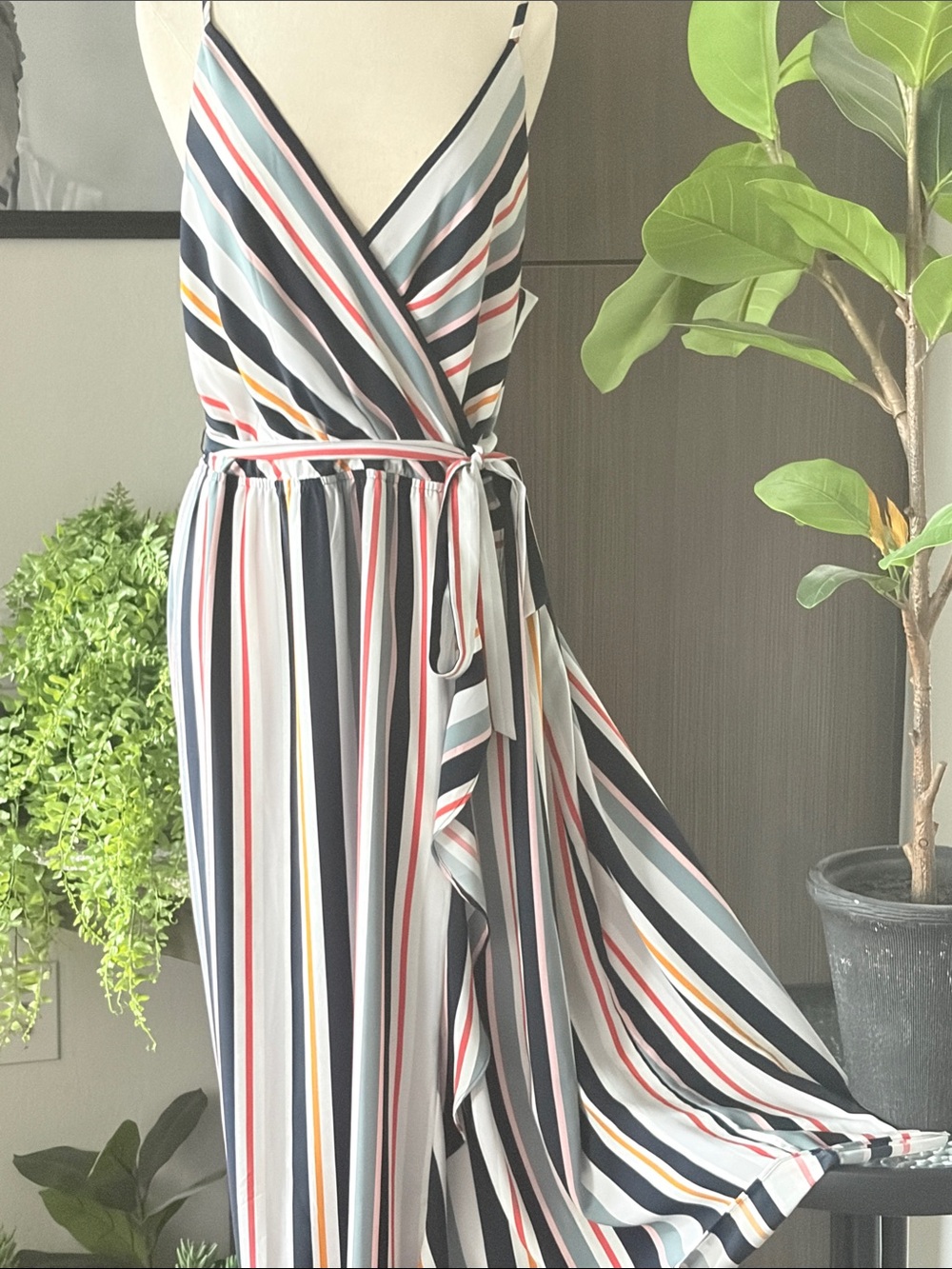 LOFT Striped One-Shoulder Wrap Maxi Dress in Navy, White, Red, Yellow
